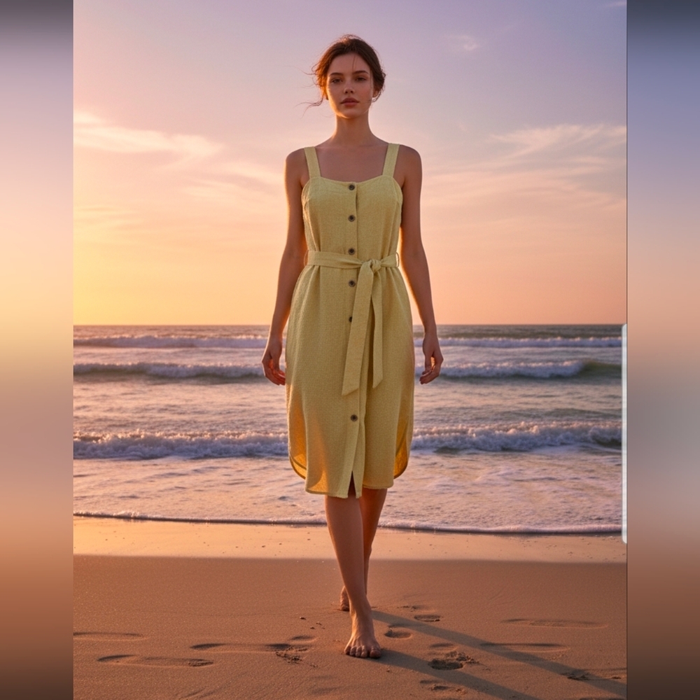 Potter's Pot Yellow Midi Dress with Button Detail